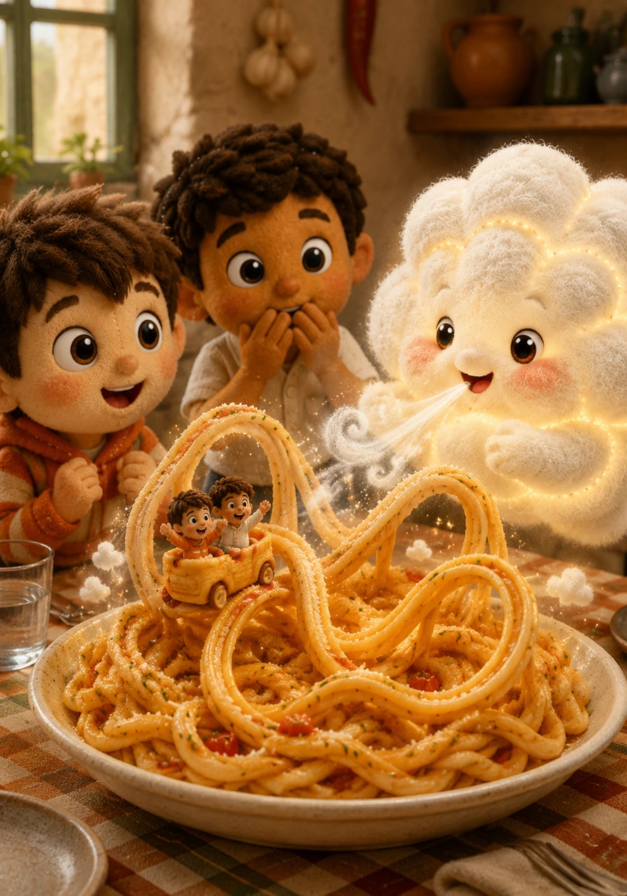 With a gentle puff of air, Nuvola touches a plate of handmade fileja pasta, causing the noodles to twist and turn like a tasty roller coaster. The children watch in amazement as their lunch becomes an interactive scene from an epic comic adventure.
