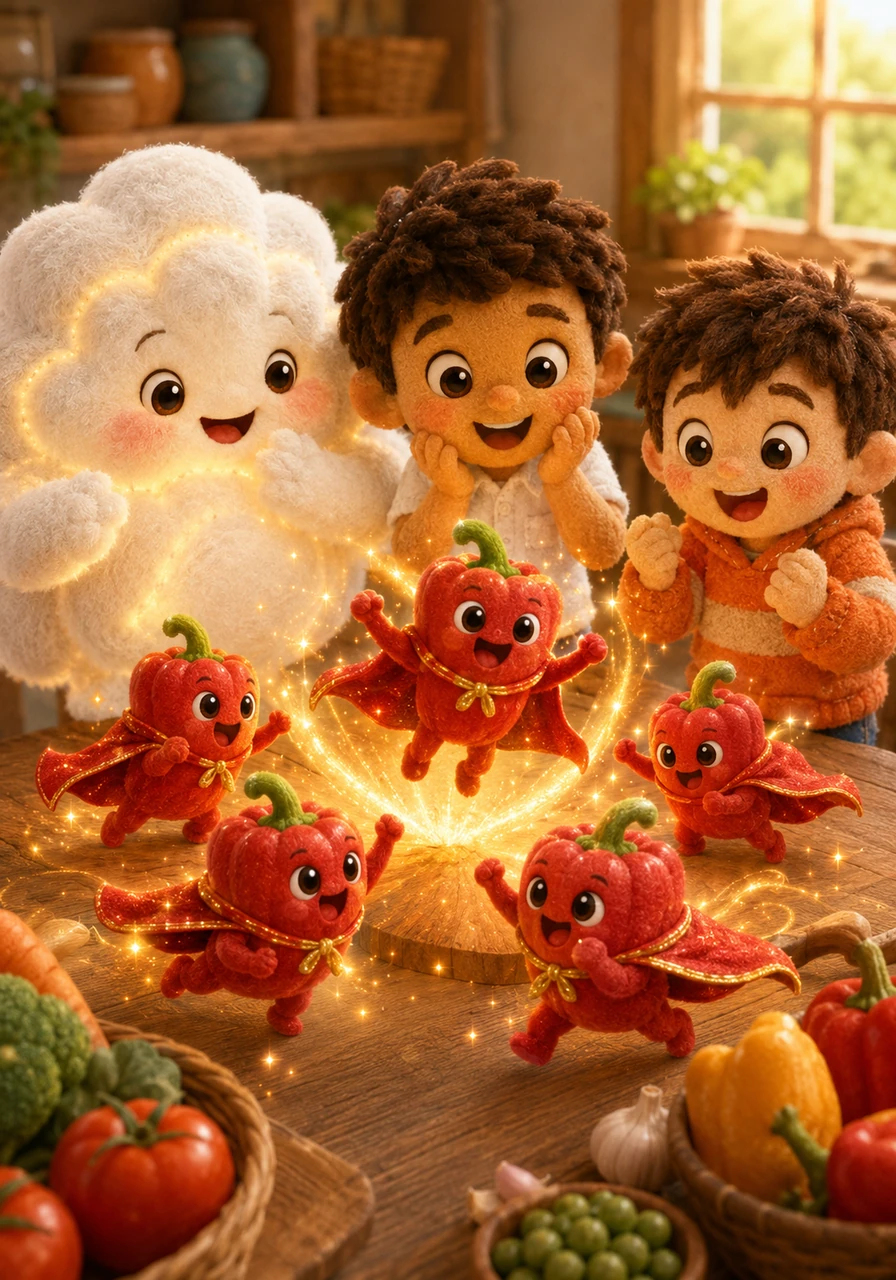 The bright red peppers on the table suddenly sprout tiny capes, transforming into brave little superheroes of flavor. They bring energy and laughter to the students, showing them that healthy, local food is the secret to true strength.