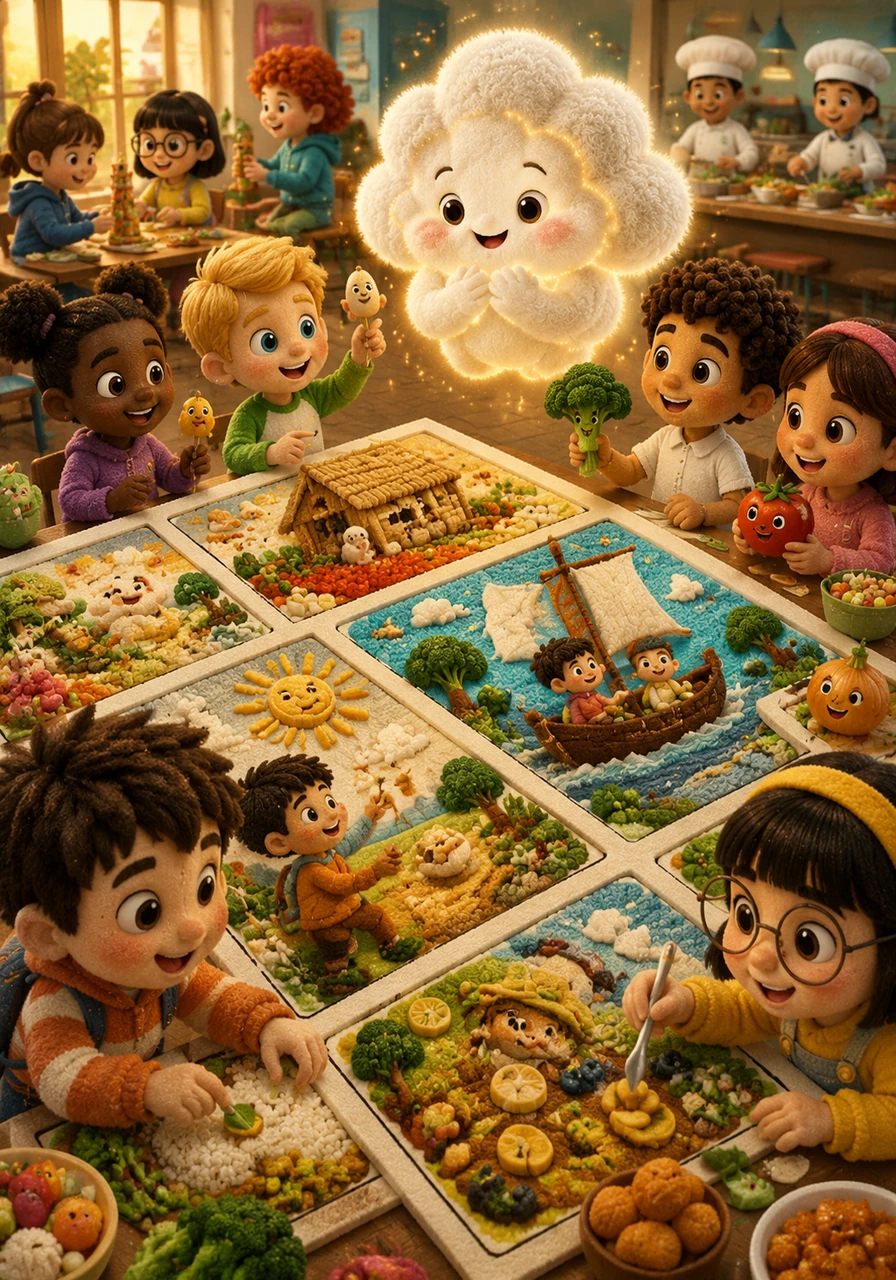 The entire cafeteria is now a whirlwind of creativity, with children and food participating in a giant, edible comic strip. Nuvola glows with a soft golden light, happy to see the students discovering the rich traditions of their land in such a fun way.