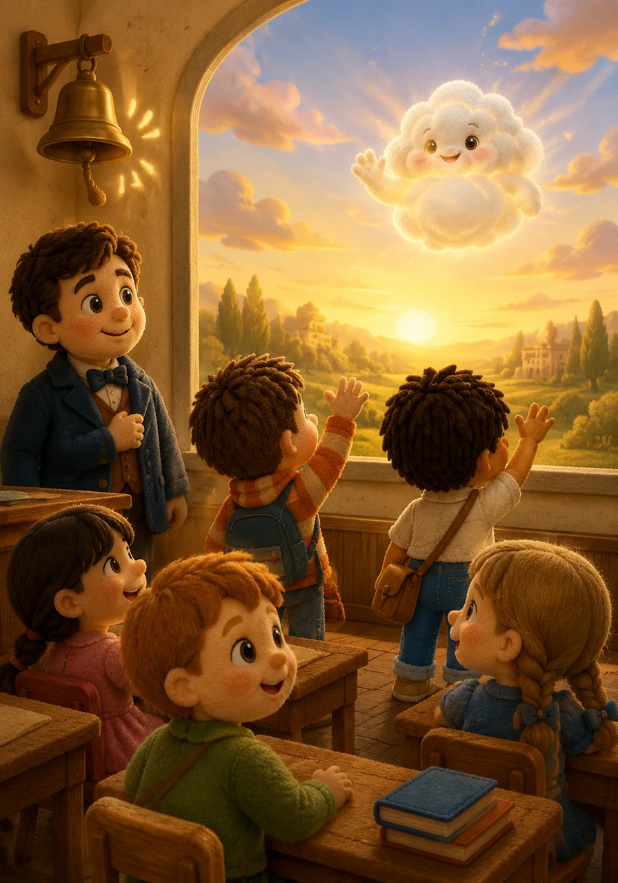 As the school bell rings to signal the end of lunch, Nuvola waves a fluffy white hand and floats back toward the bright horizon. The children of Louis Braille return to their desks with full bellies and hearts full of a magical story they will never forget.