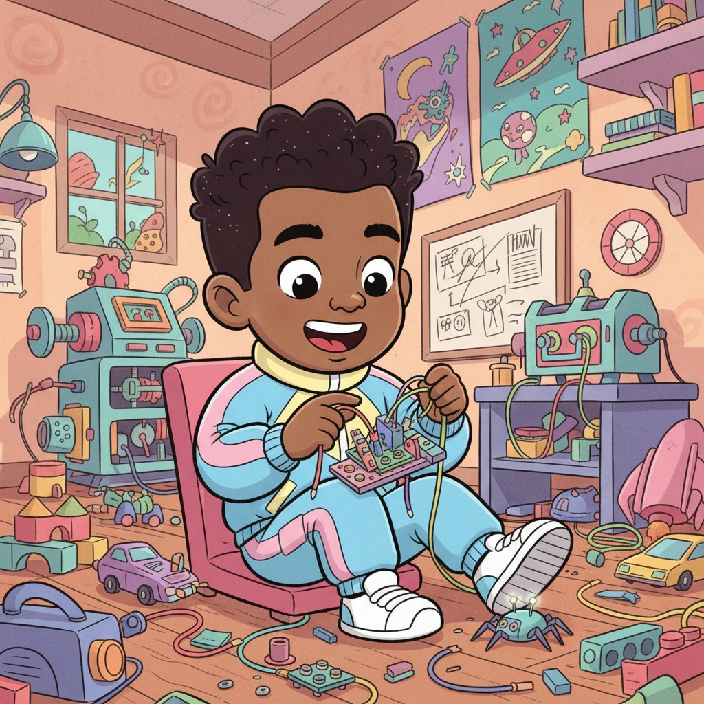 Kai West, a boy with a sparkle in his eye and wild, spiky hair, sat in his super colorful room. Toys, wires, and half-built contraptions were everywhere, hinting at his big imagination. He loved to invent, especially new ways to play.