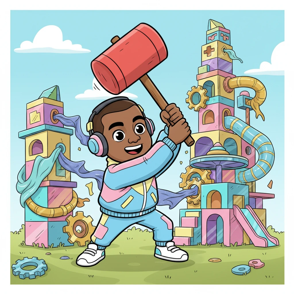 With a hammer and a smile, Kai began to build. He used giant colorful blocks, recycled gears, and shimmering fabric to construct his magnificent game invention. It looked like a whimsical, interactive playground, full of twists and turns.