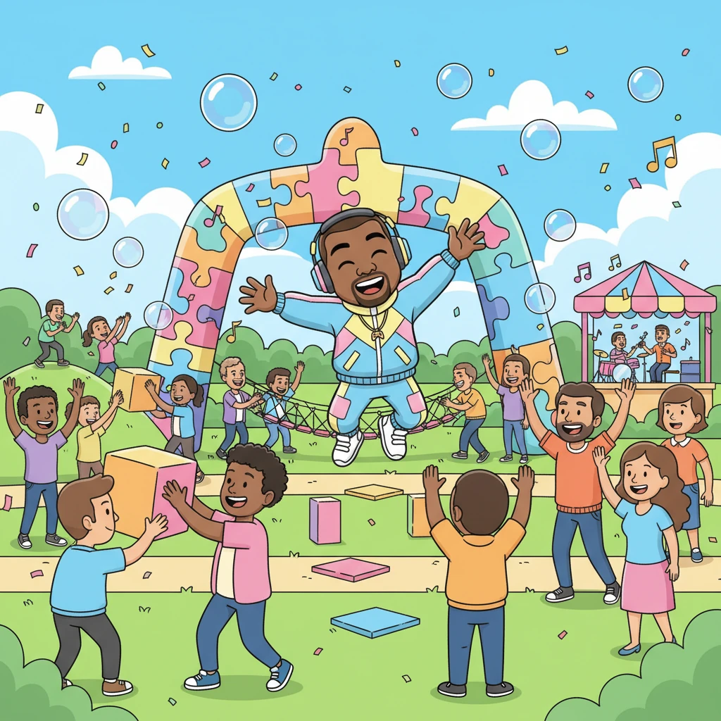 The grand game day arrived! The entire town gathered, dressed in bright colors, to play Kai's expanded, super-duper cooperative game. Music played, bubbles floated, and everyone cheered as they helped each other reach the finish line.