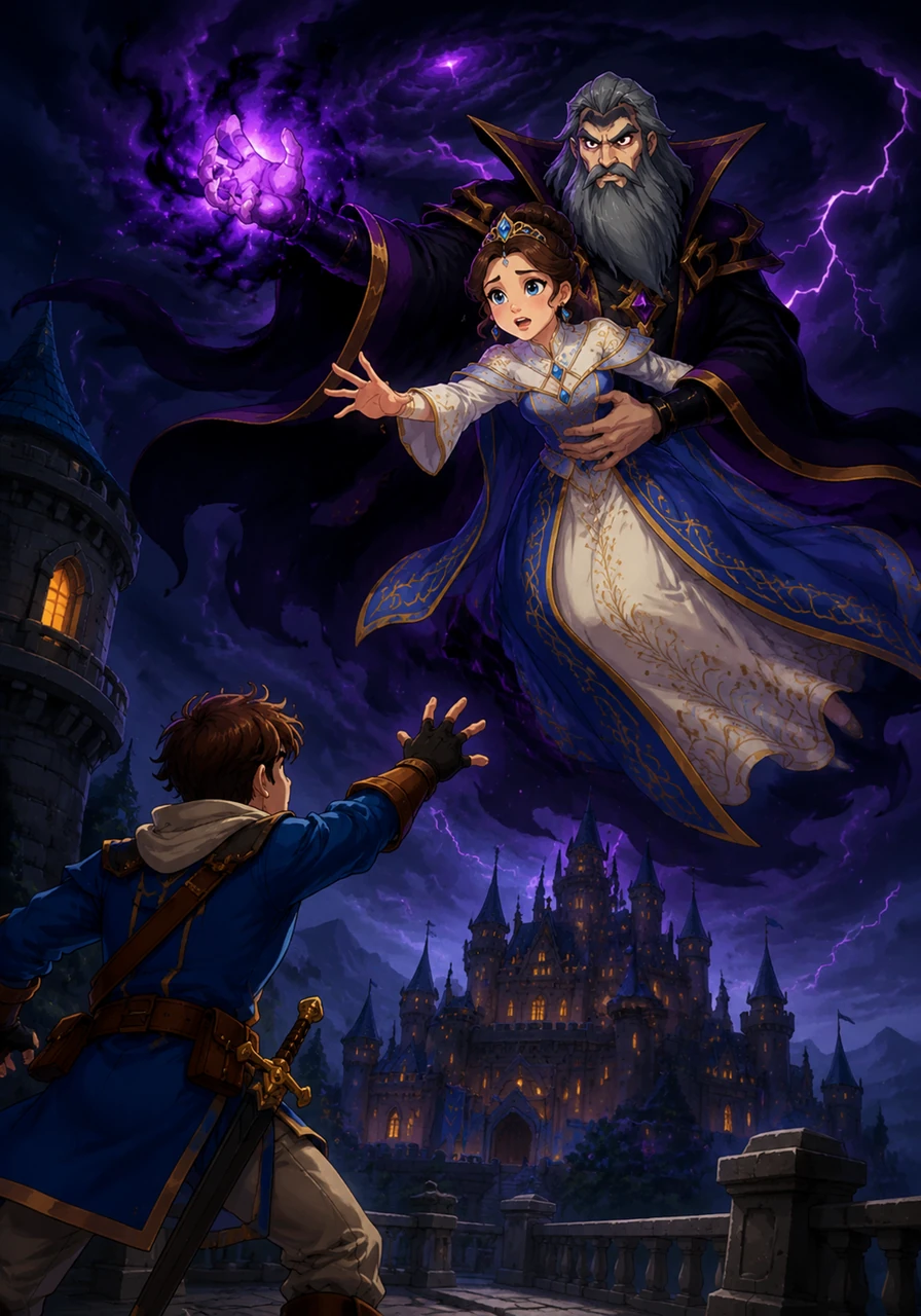 The sky turned ink-black as a powerful sorcerer descended upon Elena’s kingdom, his shadow engulfing the palace in a cold embrace. He sought to steal her rare magical gift, and under the cover of darkness, he captured the princess and whisked her away to a hidden fortress of storms.