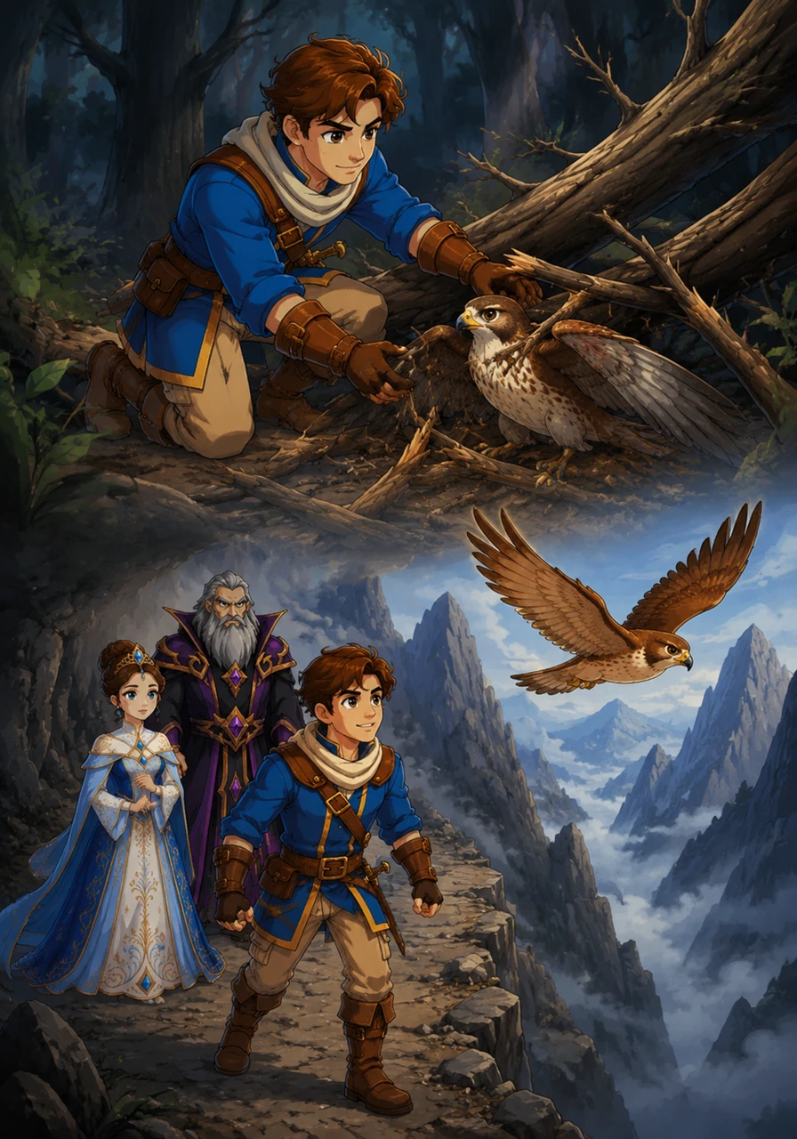 In the heart of a shadowed forest, Adrian paused to rescue a wounded falcon trapped beneath heavy, fallen branches. The grateful bird later returned to guide him through a treacherous mountain pass that would have been impossible for the prince to navigate alone.