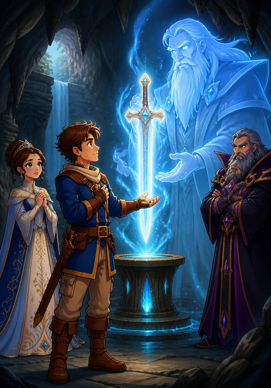 Deep within a hidden valley, Adrian entered an ancient cave where a glowing guardian spirit waited to test his heart. When Adrian spoke of how love gave his life purpose and strength, the moved spirit granted him a magical sword shimmering with celestial light.