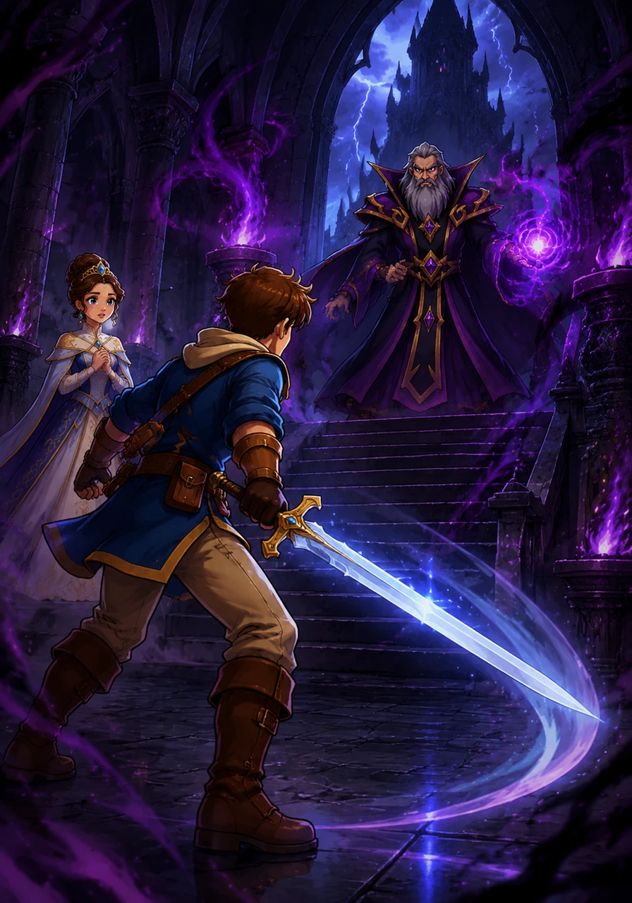 The prince finally reached the sorcerer’s fortress, a dark spire perched precariously on a jagged cliff amidst roaring winds and lightning. He stepped inside without fear, his enchanted blade cutting through the heavy air of dark magic as he prepared for the final confrontation.