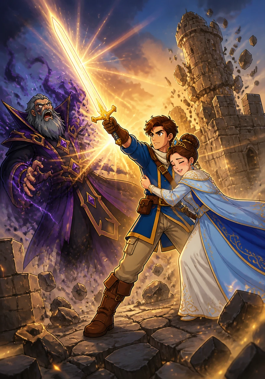 A fierce battle erupted as the sorcerer unleashed terrifying spells that shook the ground, but Adrian struck a final, decisive blow with his magical sword. As the dark magic vanished and the fortress began to crumble, Elena ran into his arms, their reunion a beacon of light in the fading darkness.