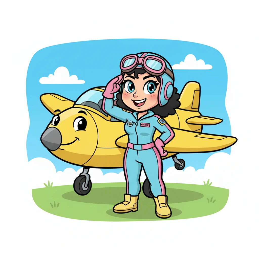 Meet Lieutenant Rosie 'Chick' Rocket, a tiny but mighty pilot with a huge personality! She stands proudly beside her bright yellow jet, 'The Giggleship,' giving a determined salute. A mischievous twinkle in her eye hints at the fun about to begin, as a little burp escapes, making her giggle with delight.