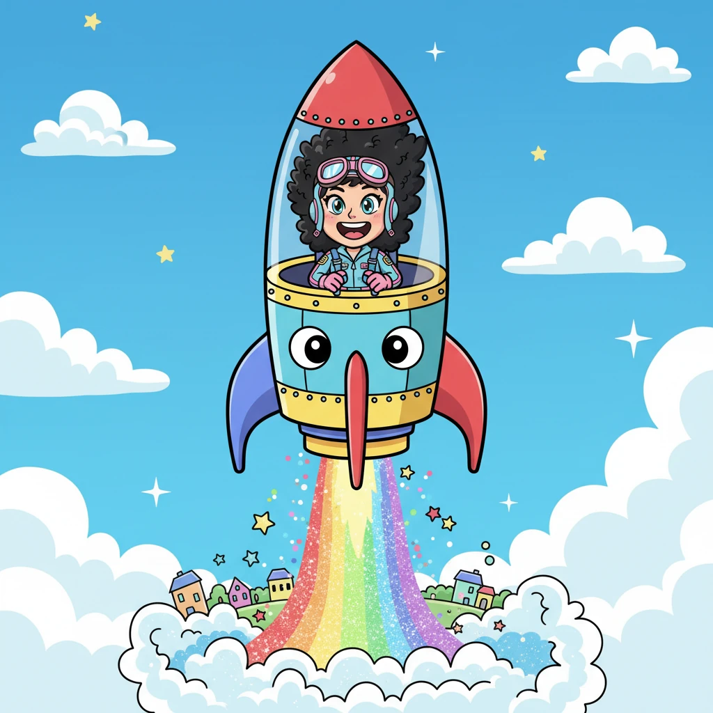 With a mighty roar, Chick blasts off! 'The Giggleship' zooms vertically into the sky, leaving a shimmering rainbow trail behind. Chick's face is a picture of pure joy and excitement, her hair playfully whipping in the wind as she ascends higher and higher.