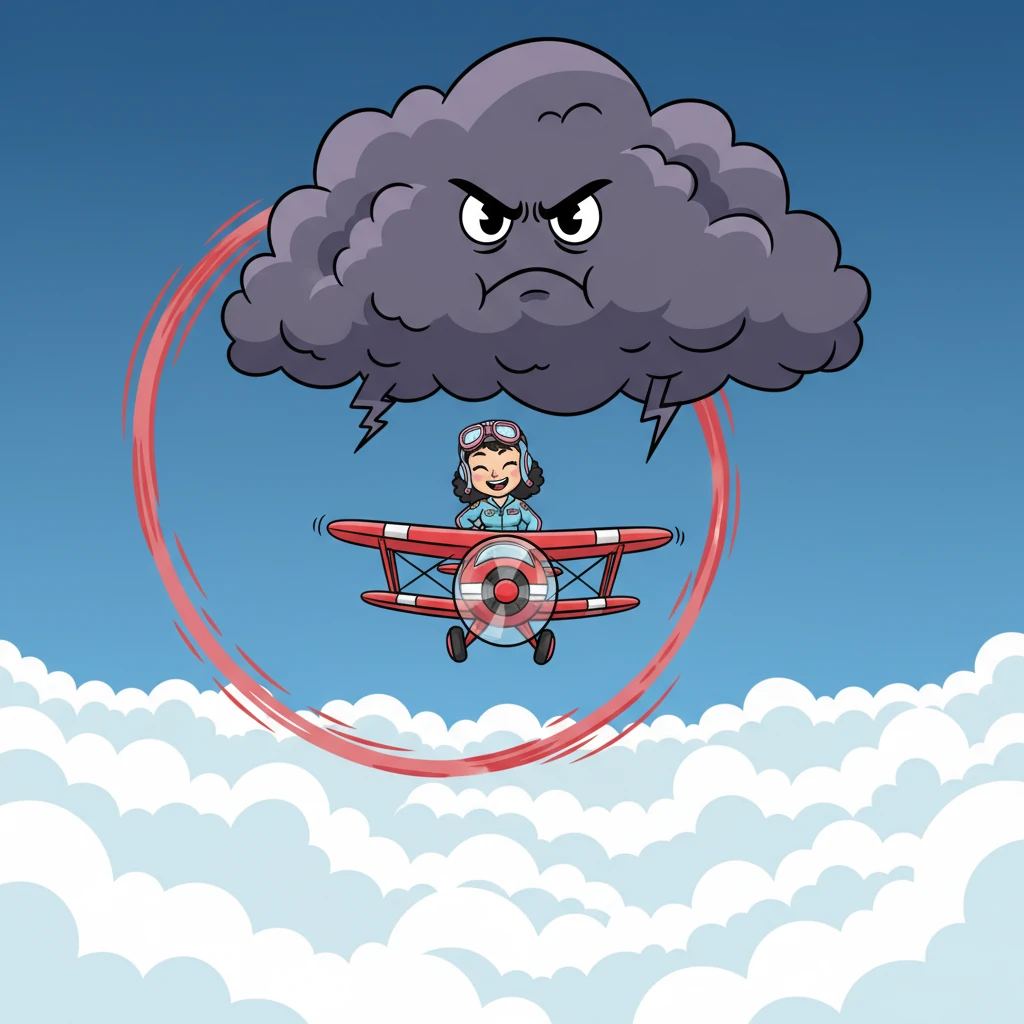 High above the fluffy white clouds, Chick performs a joyful loop-the-loop, humming a happy tune. Her plane is a bright streak against the vast blue canvas. Suddenly, a giant, grumpy storm cloud, dark and ominous, appears right in her path, blocking the way.