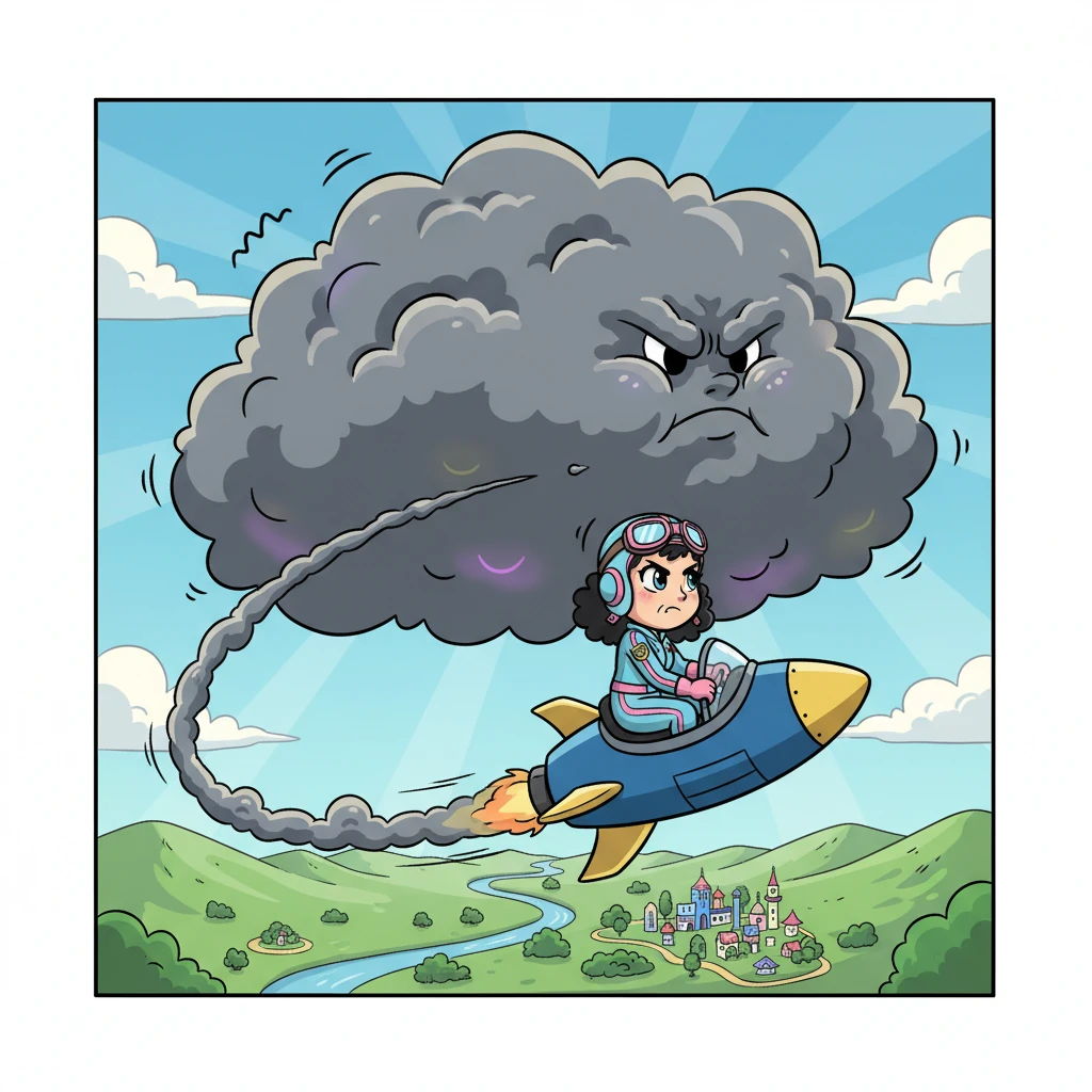 The grumpy cloud is enormous and puffy, rumbling loudly and stubbornly blocking her path to a very important delivery mission. Chick tries to fly around it, but the cloud seems to follow her every move, making her mission impossible.