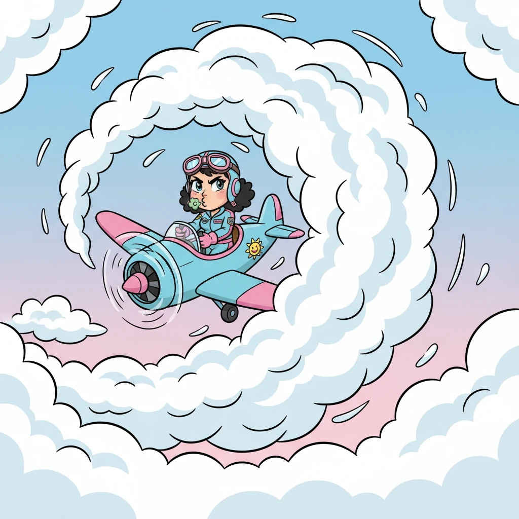 Chick tries a daring maneuver, swirling her plane with expert skill, but the cloud is too big and stubborn. She lets out a frustrated sigh, her brow furrowed in concentration, determined to find a way through this puffy obstacle.