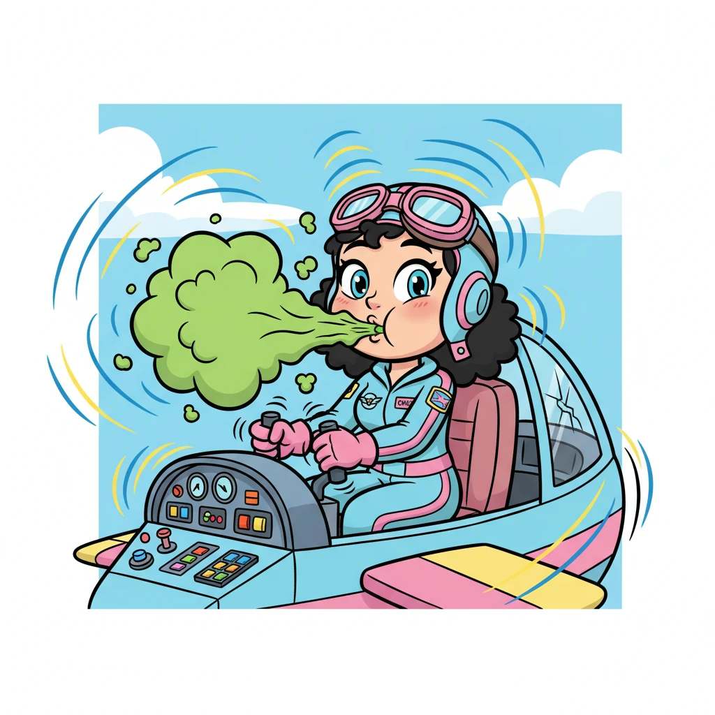 Just then, after a big gulp of her special fizzy 'Courage Juice,' Chick feels a rumbling deep down. A mighty, cartoonishly large burp erupts from her, vibrating the entire cockpit with an unexpected force!