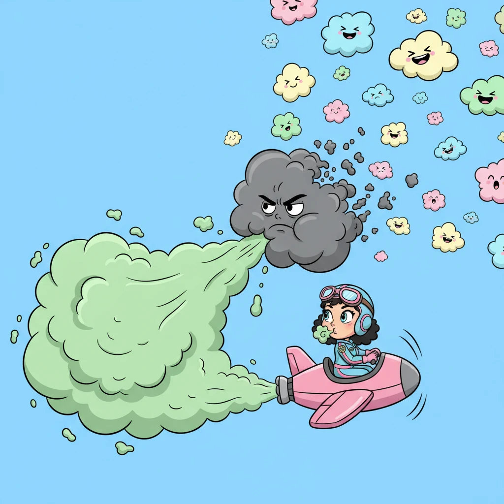The powerful burp whooshes out of the jet, hitting the grumpy cloud with a surprising impact! The cloud, startled and completely taken aback, puffs apart into a thousand little, happy, laughing cloudlets that drift away cheerfully.