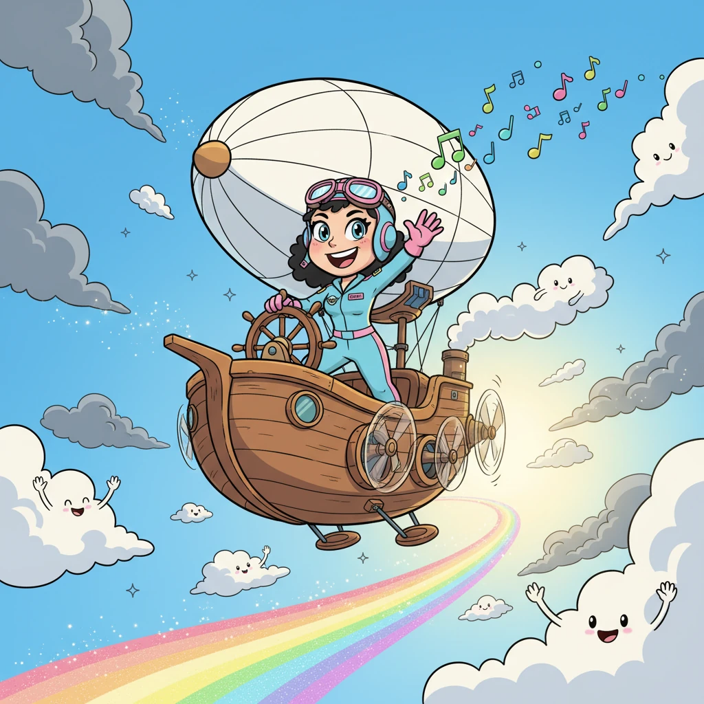 Chick, wide-eyed with surprise, quickly breaks into a triumphant grin. She expertly navigates 'The Giggleship' through the newly cleared, sunny path, waving at the now cheerful cloudlets. Her unique 'superpower' saved the day in the most unexpected way!