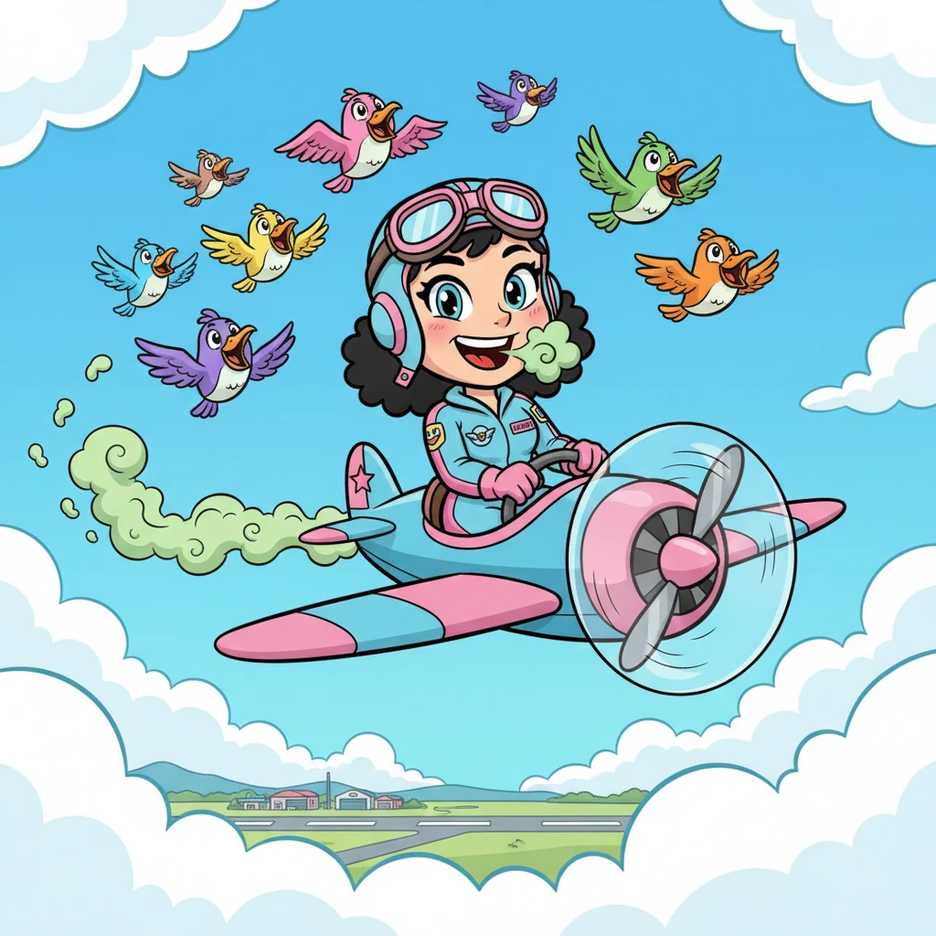 Mission accomplished, Chick flies triumphantly back towards the base, a huge, proud smile on her face. Her plane zips past a flock of birds, who chirp happily in celebration of her cleverness and her amazing burp-powered solution.