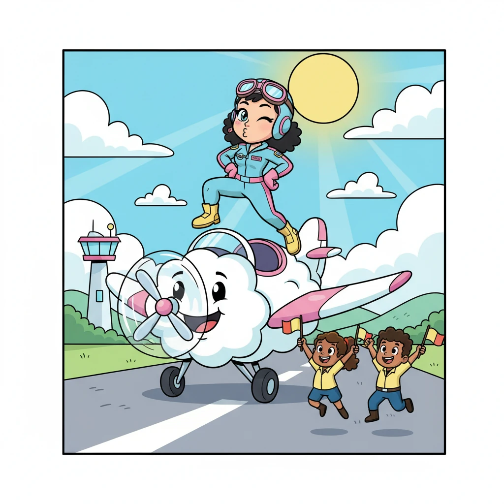 The Giggleship lands smoothly on the runway, and Chick leaps out with a proud, confident stance. Her ground crew cheers wildly, and she gives them a playful wink, letting out one final, tiny, contented burp of satisfaction.