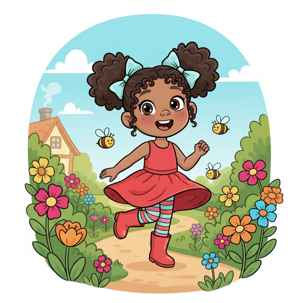 Elara, a cheerful little girl with bright, inquisitive eyes, played happily in her vibrant, sun-drenched garden. Surrounded by a riot of colorful blossoms and buzzing bees, she skipped along a winding path, her red dress twirling playfully.