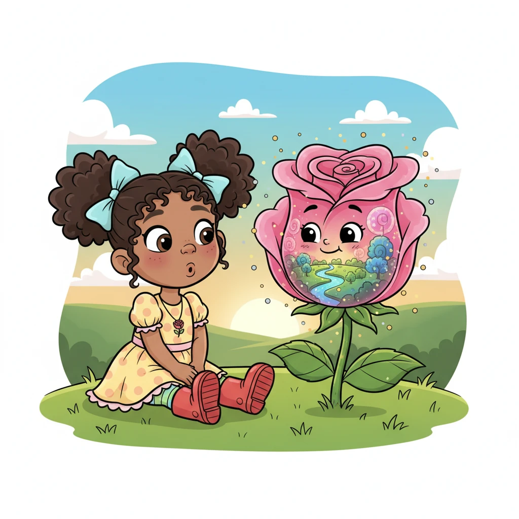 The rose, who introduced herself as Rosie, shared secrets of a forgotten magical world named Lumina. Within Rosie's shimmering petals, Elara saw a fleeting, sparkling vision of glowing rivers and trees that pulsed with soft light, hinting at an ethereal realm.