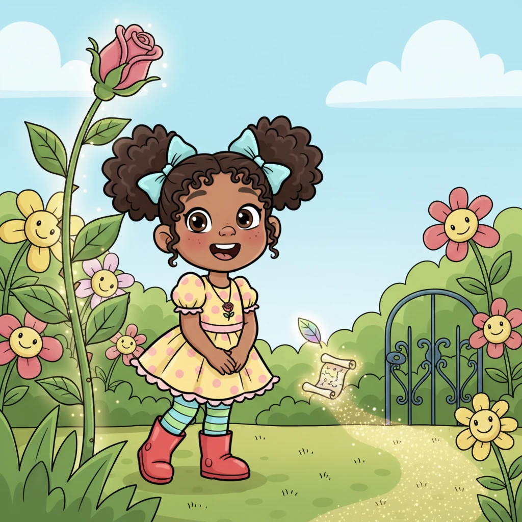 Suddenly, Rosie's sturdy green stem subtly pulsed with a gentle, golden light. A tiny, iridescent leaf detached itself and floated down, transforming into a miniature, glowing map with a faint, shimmering path leading away from the garden.