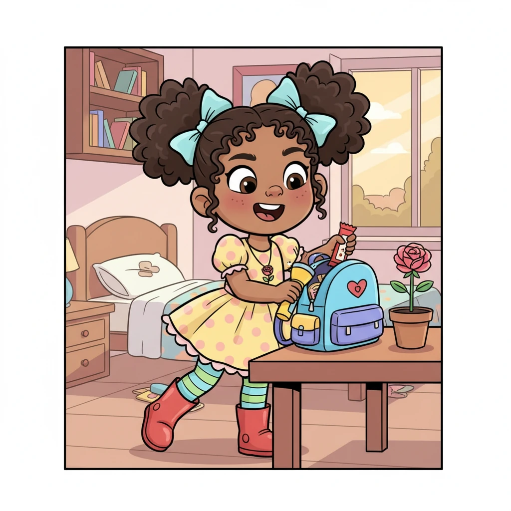 Filled with a thrilling sense of purpose, Elara rushed inside to prepare for her grand adventure. She carefully packed a small, colorful backpack with a trusty flashlight and a snack, giving Rosie a gentle, reassuring pat on her petals.
