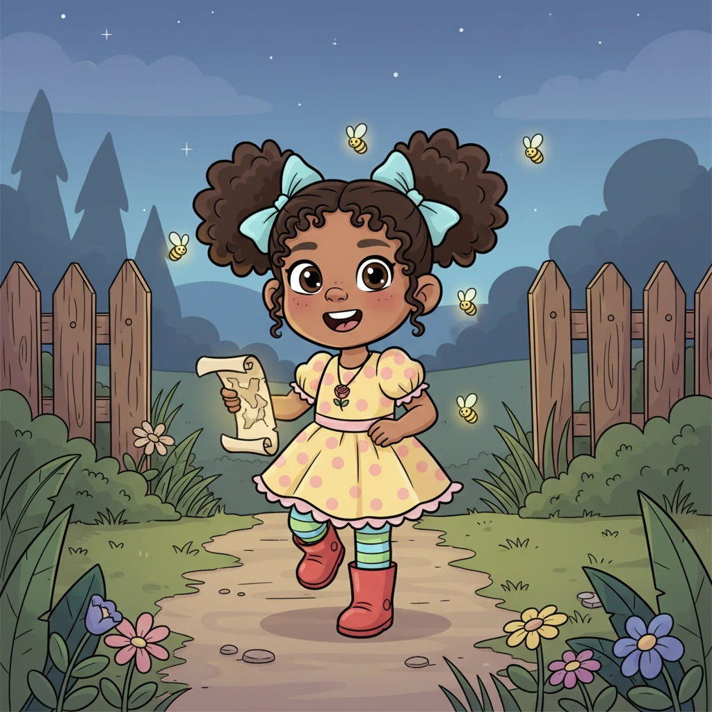 With the glowing map clutched in her hand, Elara bravely ventured beyond her familiar garden fence. The path ahead, though slightly overgrown, felt welcoming, and soon, tiny, playful fireflies began to twinkle around her, guiding her way.
