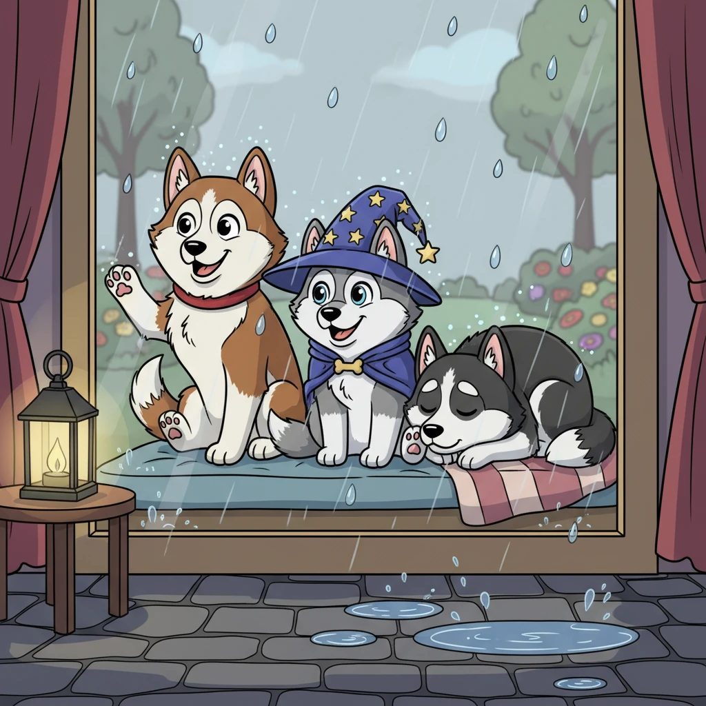 Wizard, a fluffy grey and silver Siberian Husky, sat by the window with his friends, Timber, a lively red and white husky, and Teddie, a calm black and white husky. Outside, big raindrops splattered against the glass, making little puddles on the ground. They loved watching the world from their cozy spot, waiting for the rain to stop.