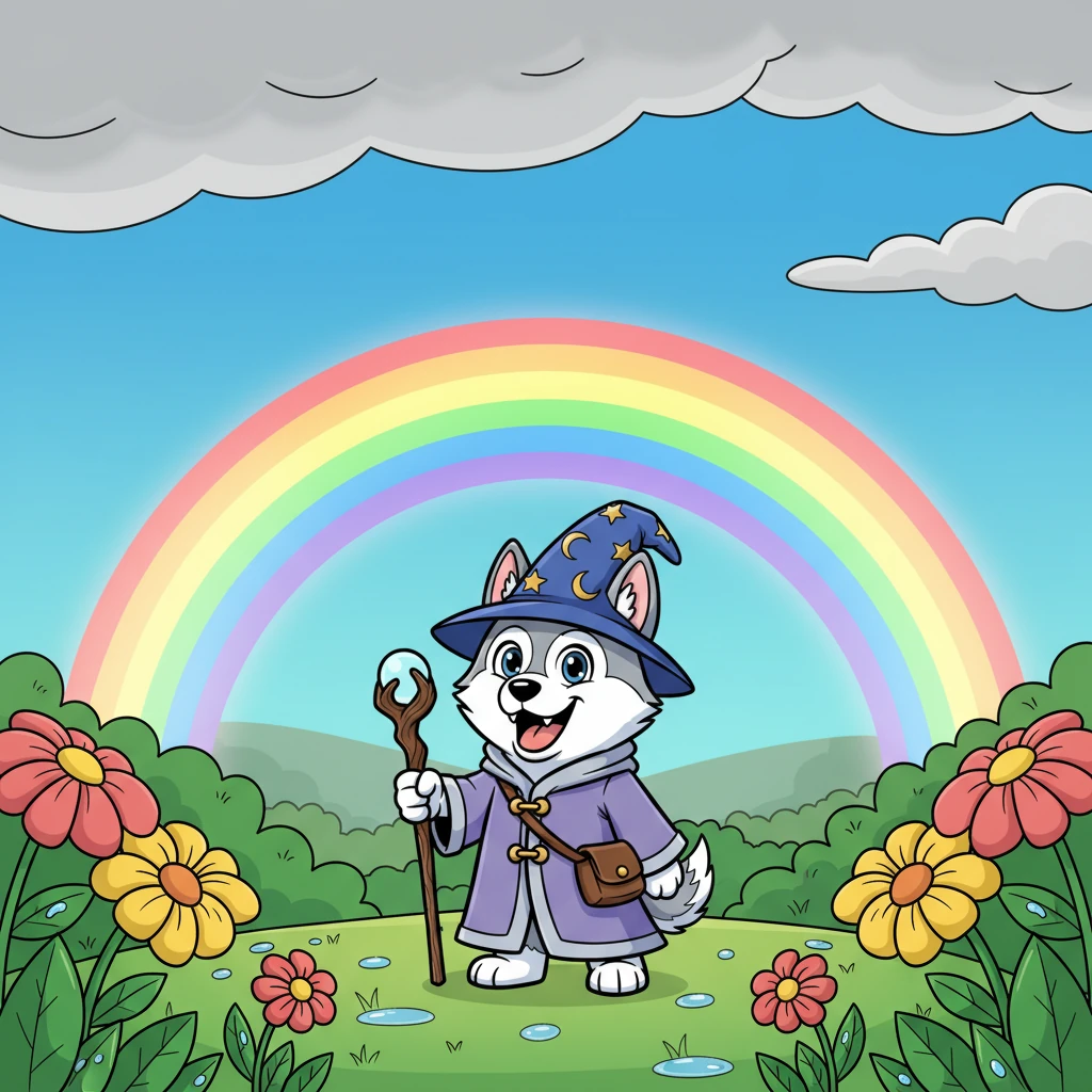 Suddenly, the rain softened to a gentle sprinkle, and then stopped entirely. A hush fell over the garden as the clouds began to part, revealing a sliver of bright blue sky. Just above the distant hills, a magnificent, arching rainbow began to glow, painting the sky with every color imaginable.