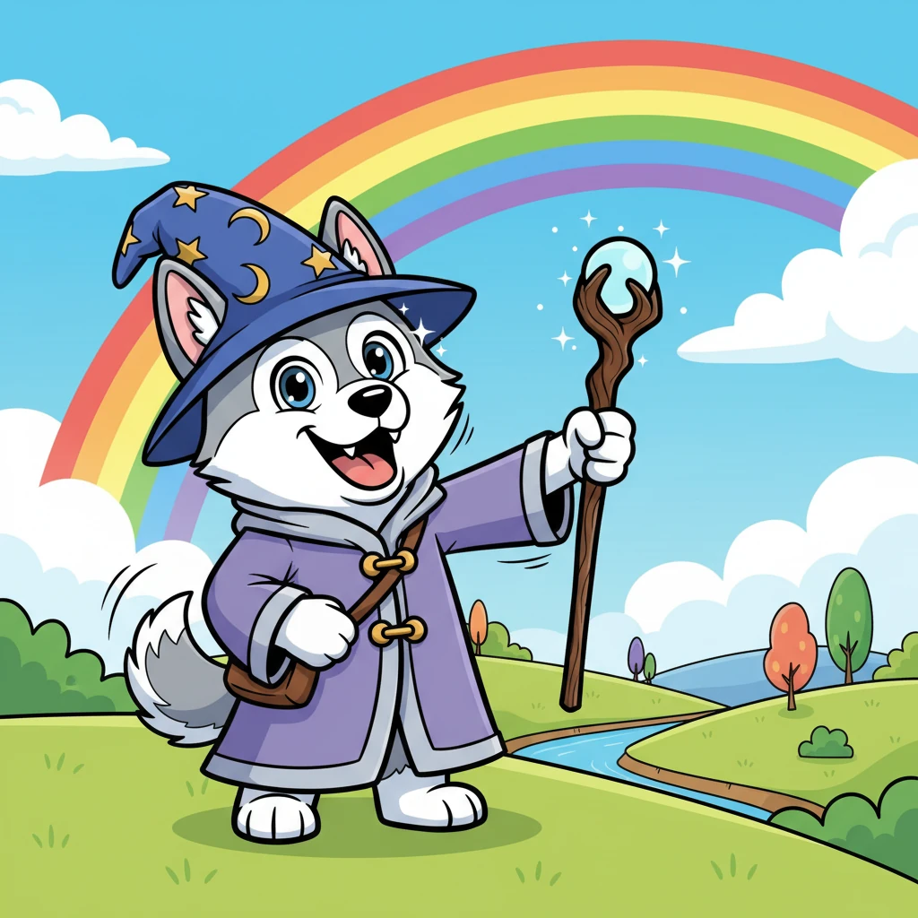 Wizard's eyes, usually a bit dreamy, sparkling with an idea as he gazed at the vibrant arc. A mischievous grin spread across his snout, and his tail began to wag with excitement. "A rainbow!" he barked, his voice filled with a playful energy, "But what if it could be more?"
