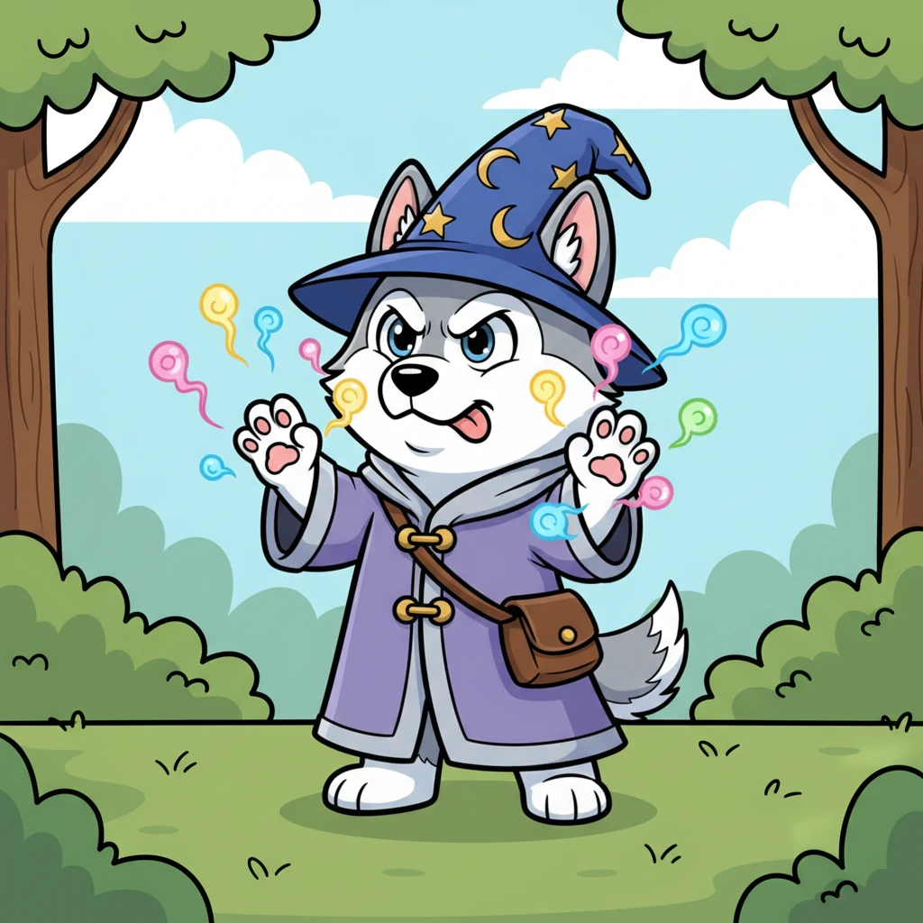 With a comical wiggle of his nose and a flick of his paws, Wizard began to chant a spell. Colorful, swirling lights, a little wobbly and unpredictable, danced around him. He concentrated hard, his tongue sticking out slightly in his effort, hoping his magic would work just right this time.