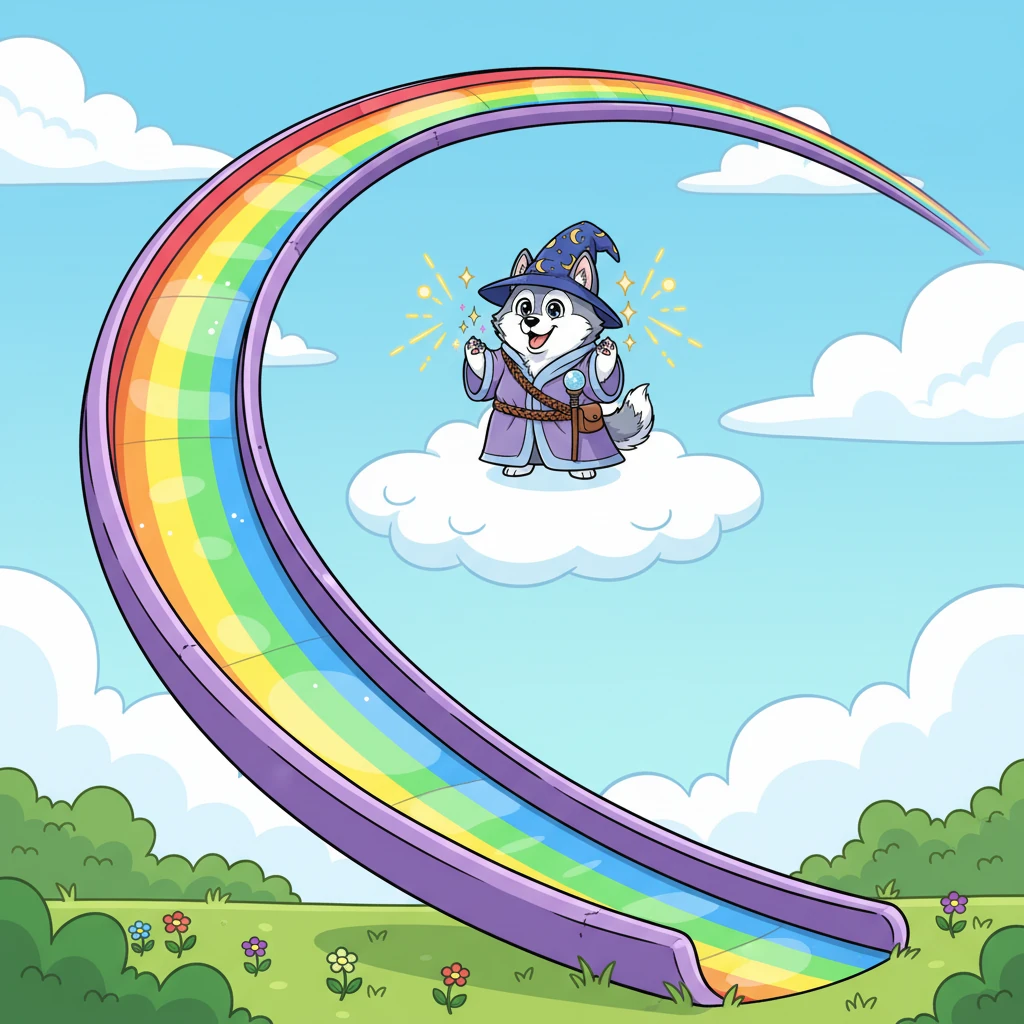 The air around the rainbow shimmered and pulsed with Wizard's magic. Slowly, magically, the ethereal arc began to solidify, its colors deepening and becoming more vibrant. It transformed, before their very eyes, into a gigantic, smooth, and wonderfully wide slide, stretching from the clouds right down to a nearby meadow.