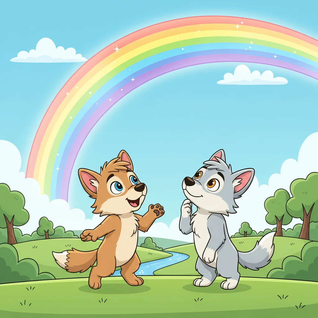 Timber and Teddie gasped, their eyes wide with amazement at the transformed rainbow. Timber bounced on his paws, his tail thumping a rapid beat, ready for anything. Teddie, ever thoughtful, tilted his head, a gentle smile appearing as he considered the wondrous sight.