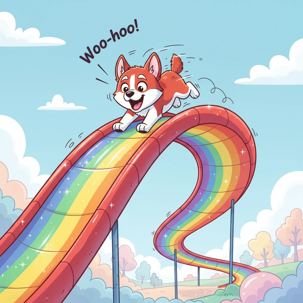 "Woo-hoo!" barked Timber, his adventurous spirit taking over. Without a moment's hesitation, he launched himself onto the shimmering rainbow slide, a streak of red and white fur against the vibrant colors. He giggled and yipped with pure delight as he began to zoom down, a happy blur.