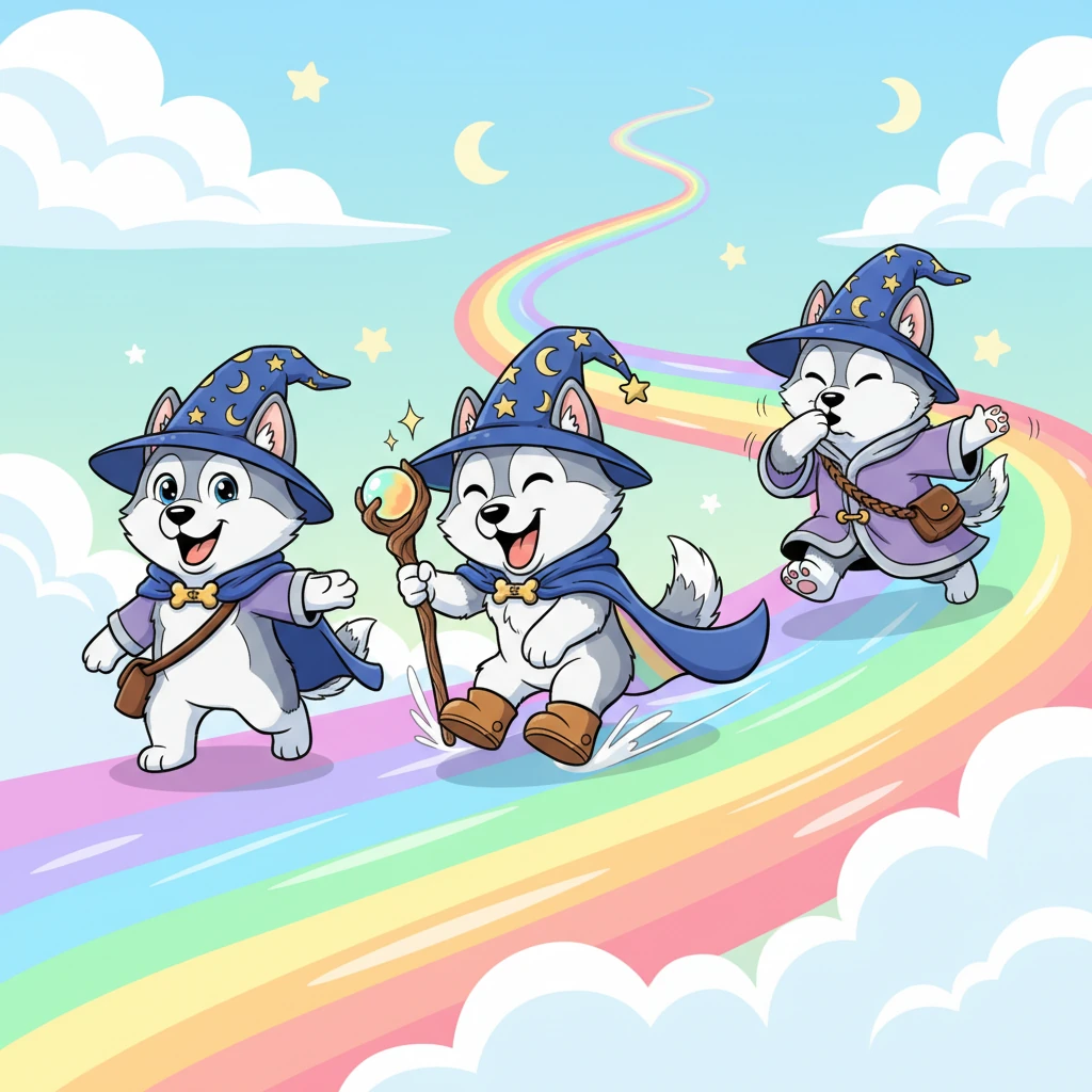 Teddie watched Timber's joyous descent, then looked at Wizard with a reassuring nod. Taking a deep, happy breath, the thoughtful husky joined his friends, his movements graceful as he slid onto the colorful path. Now all three huskies were ready for the most incredible ride.