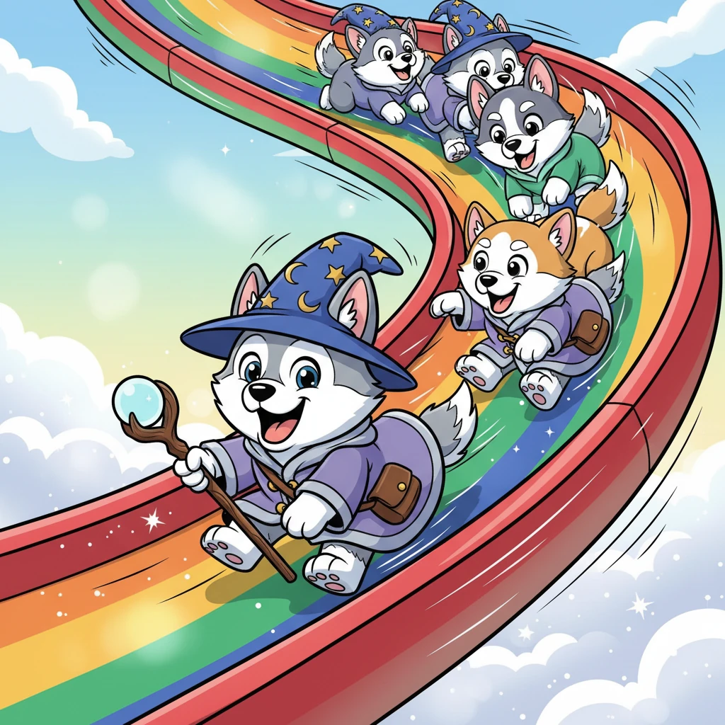Down, down, down they went, a cascade of happy barks and wagging tails! The rainbow slide was smooth and fast, carrying them through streaks of crimson, gold, emerald, and sapphire. Their fur ruffled in the wind, and their faces were alight with pure, unadulterated joy.