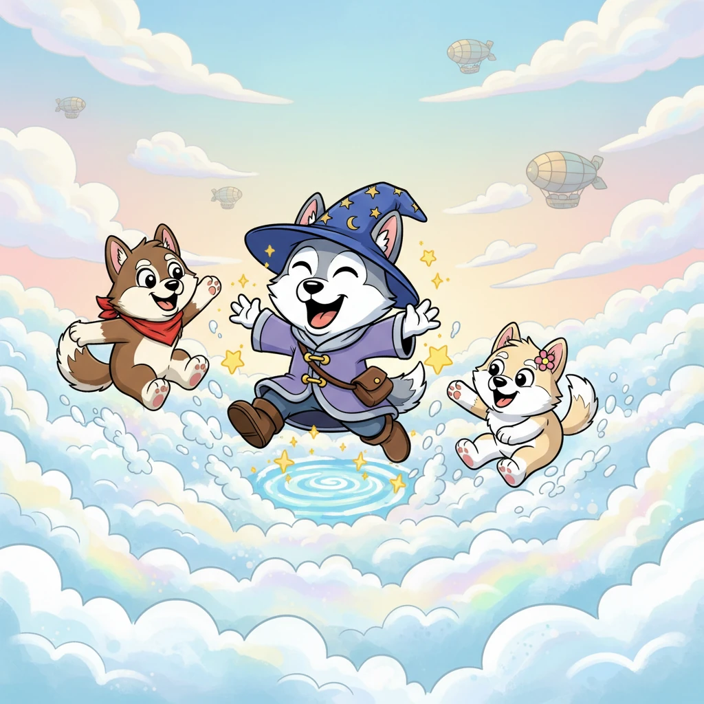 With a soft bump, they landed gently in a field of soft, fluffy clouds that smelled like fresh rain and sunshine. Giggles and happy panting filled the air as they tumbled out, full of energy and wonder. Wizard, though clumsy with spells, had created the most fantastic adventure, and they couldn't wait for the next one!