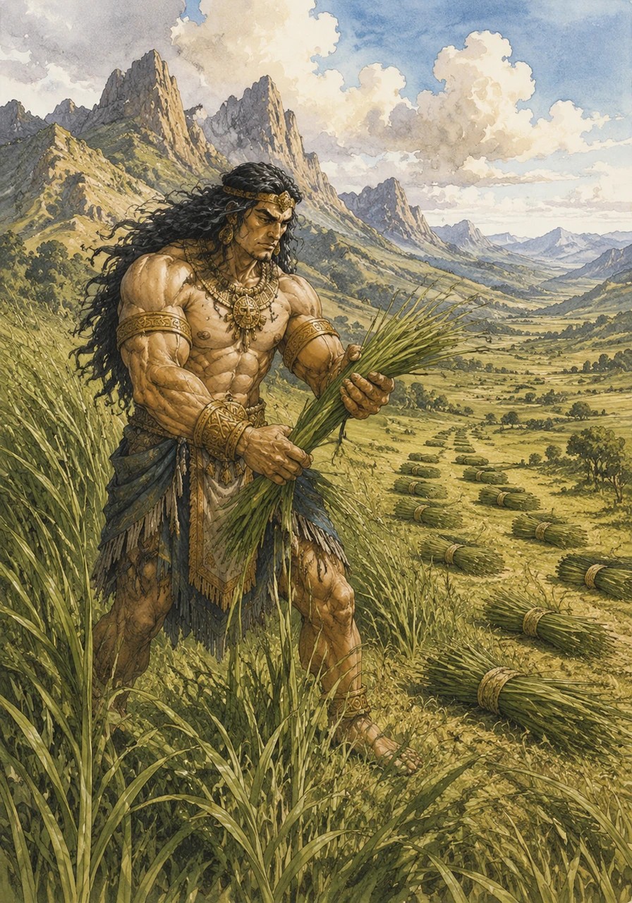 Lumawig walked through the tall, swaying grass and cut many long, green reeds with his divine hands. He carefully divided these reeds into pairs and placed them in different corners of the world, from the highest mountains to the sun-drenched valleys.