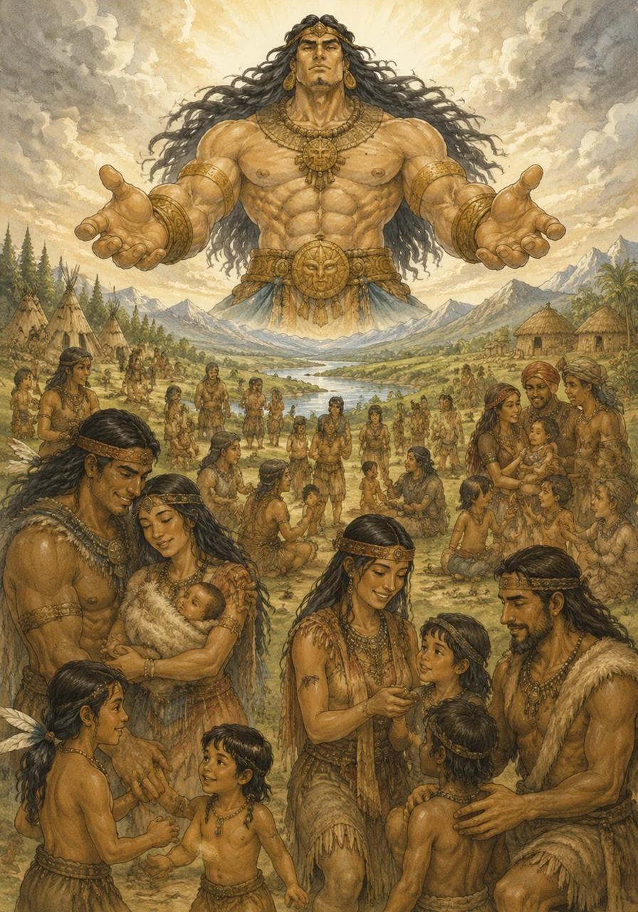 The first people followed the Great Spirit’s command to marry and raise families, soon filling the earth with many children. As the generations grew, each group kept the special language of their parents, creating a world rich with different cultures and tongues.