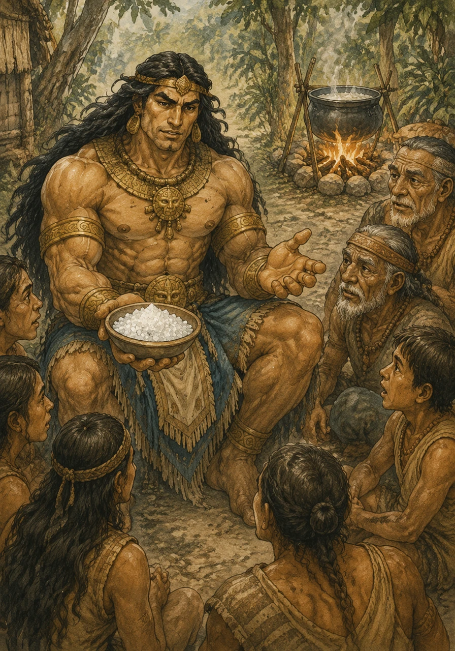 Seeing that his people needed resources to thrive, Lumawig created sparkling salt and brought it to a group of villagers. He sat with them and explained how to boil the water to gather the white crystals so they could sell them to their neighbors.
