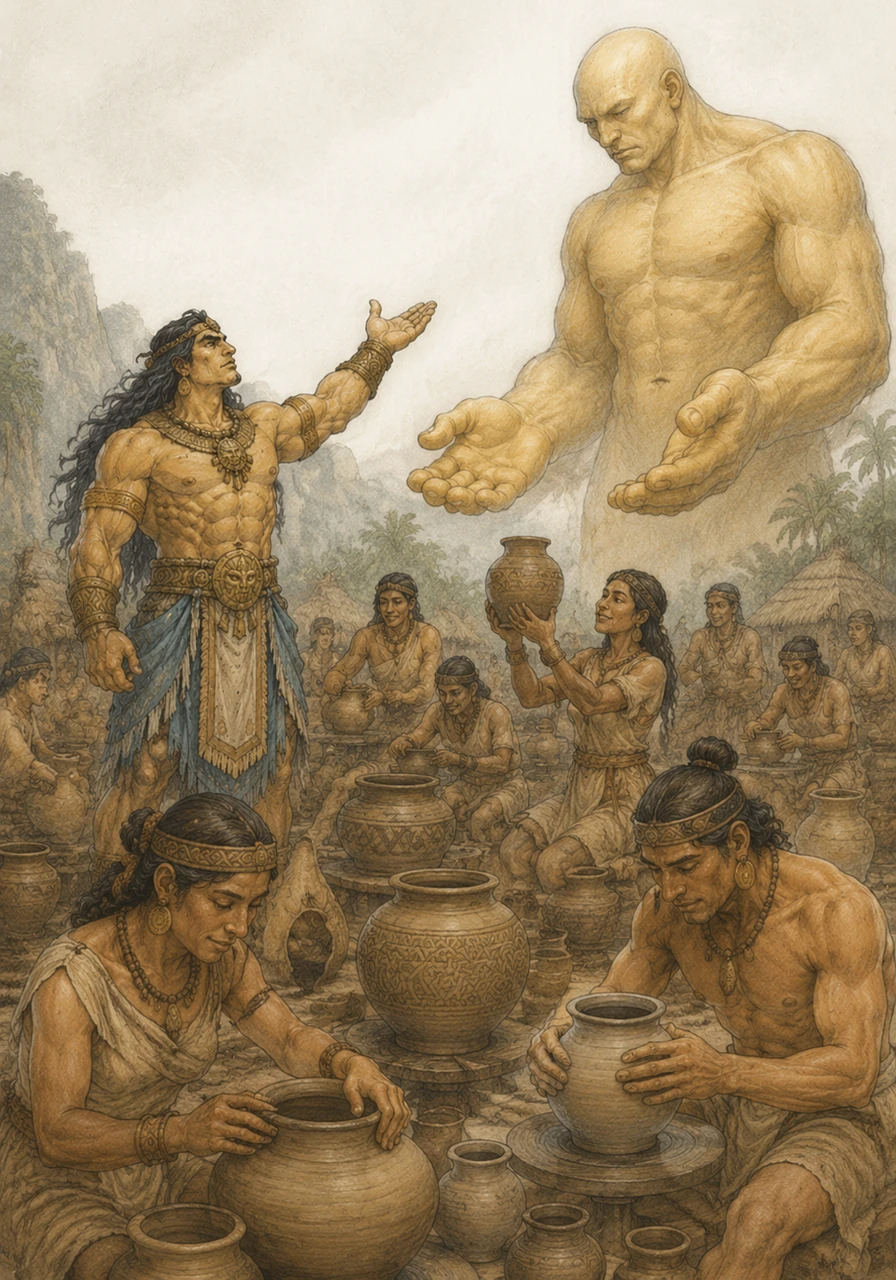 Lumawig then took the art of pottery to the people of Samoki, who worked the clay with steady, graceful hands. They created jars that were smooth, strong, and elegant, proving to the Great Spirit that they were the rightful owners of this craft.
