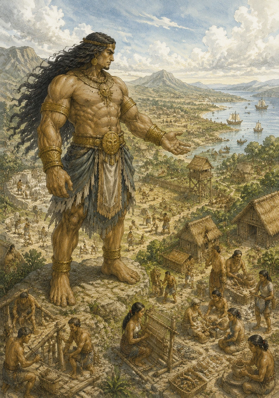 Having taught the people how to work, trade, and provide for one another, Lumawig looked down at the vibrant world he had organized. Every village now had its own special gift and purpose, and the earth was finally complete and full of wonder.