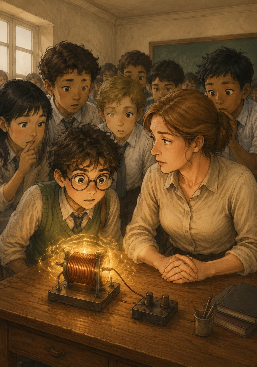 Aydar stares wide-eyed at a mysterious, glowing copper coil resting on his teacher's desk, completely captivated by its sudden, unexplained humming noise. The classroom around him is filled with a collective whisper of curiosity as students lean forward to catch a glimpse of the phenomenon. This strange puzzle instantly hooks his attention, igniting a burning desire to understand the hidden force at play.