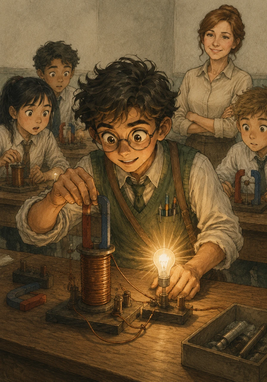 Armed with simple magnets, wires, and small lightbulbs, Aydar and his classmates eagerly begin testing their own ideas at the lab stations. He carefully moves a strong magnet through a coiled wire, watching intently for any sign of a reaction. Suddenly, a brilliant spark of light flashes within the bulb, sending a wave of pure excitement through the young explorer.