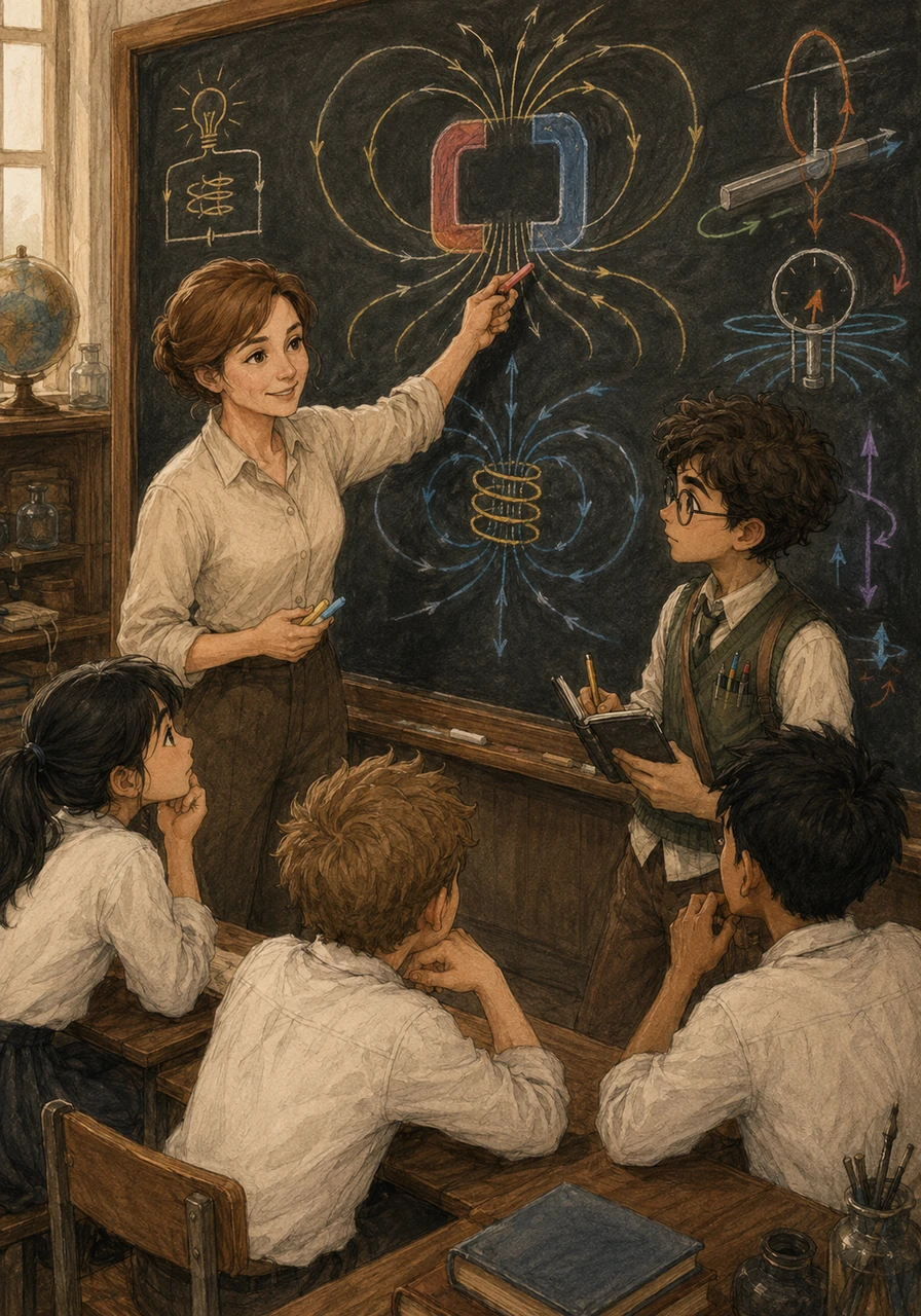 Gathered around the chalkboard, Aydar listens intently as his teacher introduces the formal concepts of electromagnetism and Faraday's law to explain their discoveries. The teacher uses colorful diagrams to connect their hands-on observations with precise scientific terms, turning their raw curiosity into structured knowledge. Aydar takes notes, watching the invisible forces of the universe finally get a name and a definition.