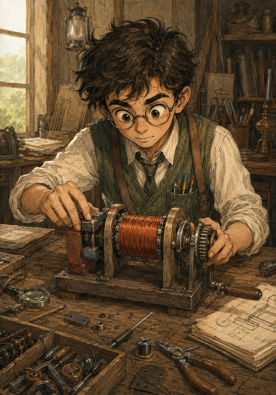 Determined to push his new understanding further, Aydar applies the concepts to a brand new challenge by designing a makeshift, hand-cranked generator. He carefully winds the copper wire and aligns the magnets, calculating the precise movements needed to generate a steady current. With a sense of purpose, he prepares to test his custom invention on a larger scale.