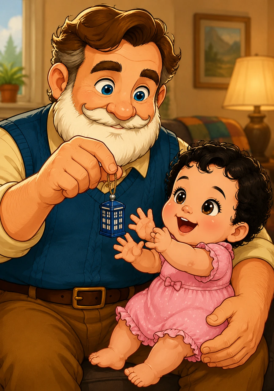 Grandpa Arthur smiled warmly, holding up a tiny, handcrafted blue phone booth ornament for six-month-old Cleo to see. Cleo, with her dark curly hair and bright brown eyes, giggled and reached out her small hands as Arthur proudly explained he made it just for her.
