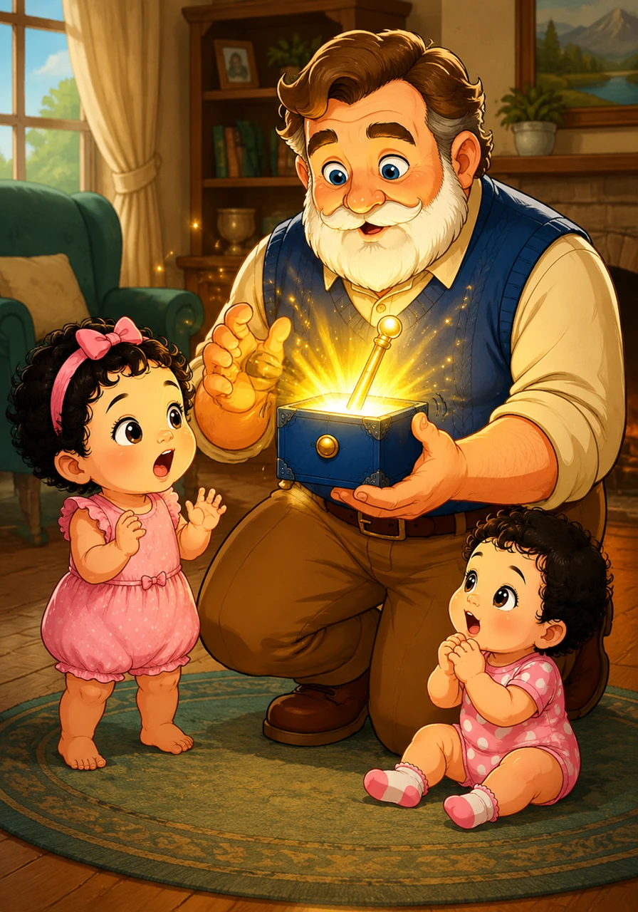 Suddenly, the little blue box began to pulse with a vibrant, glowing golden light that grew brighter by the second. Arthur's blue eyes widened in surprise, and Cleo gasped in wonder as the ornament began to hum and shake in his hand.