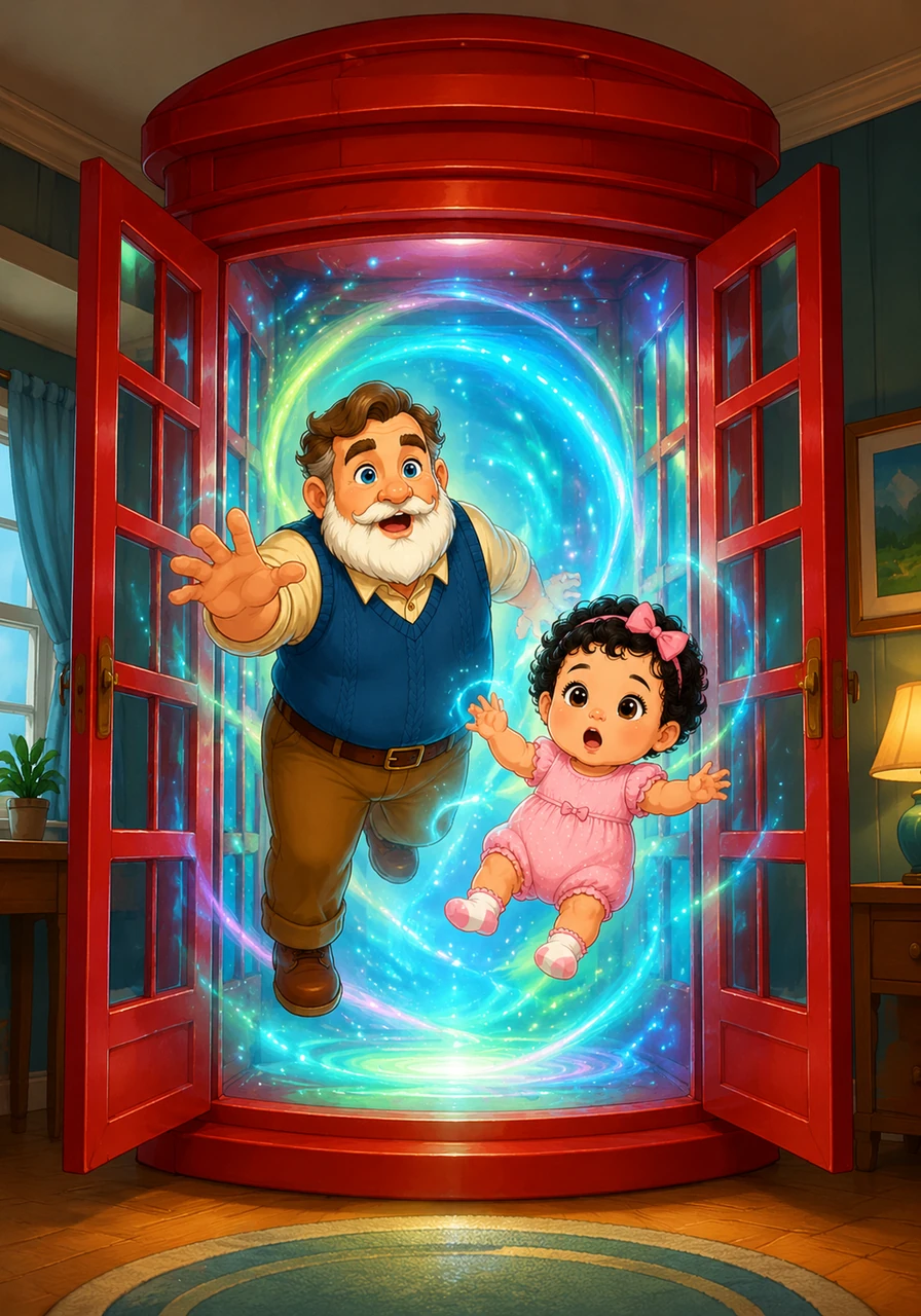 With a loud swooshing sound, the tiny capsule expanded into a gigantic, real-life telephone booth that filled the entire room. Before they could move, the heavy doors swung open and a gentle, swirling vortex safely pulled the brave duo inside.