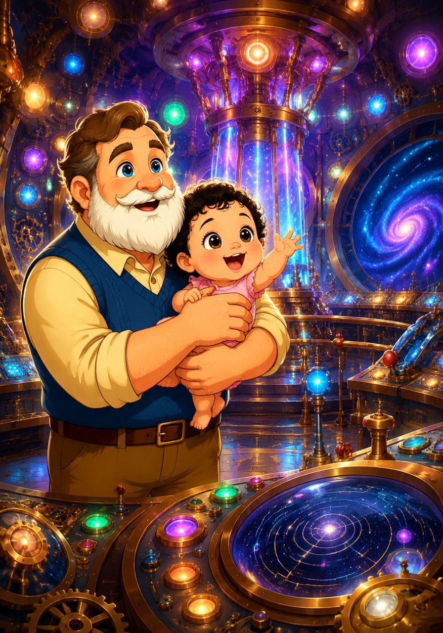 They materialized in a massive, futuristic control room filled with glowing round lights, spinning gears, and a majestic central column. Arthur held Cleo tightly against his chest, marveling at the cosmic dashboard as the magical machine prepared to launch into the unknown.